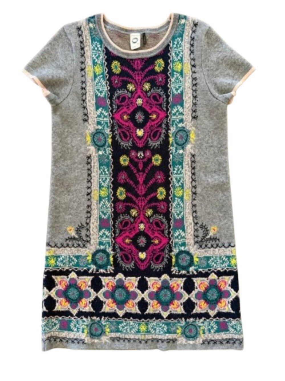 Anthropologie Akemi + Kin Kaleidoscope Sweater Boho Fair Isle Knit Gray Pink